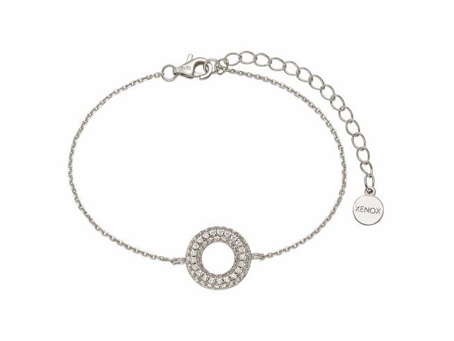 Xenox Sterling Silber Armband XS2282 mit Kareekette in der Größe 15-20 cm. Das Armband zeigt einen eleganten, glitzernden Kreis aus Zirkonia-Steinen in der Mitte.