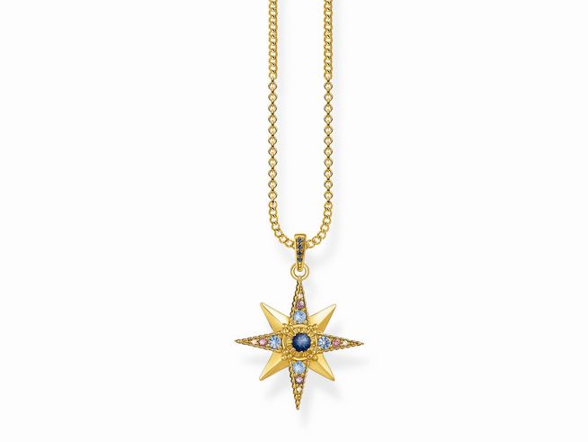 Schöne Kette aus gelbgold vergoldetem Material mit einem Stern-Anhänger, der mit bunten Steinen verziert ist, insgesamt 45 cm lang, von Thomas Sabo, Modell KE1967-959-7-L45V.