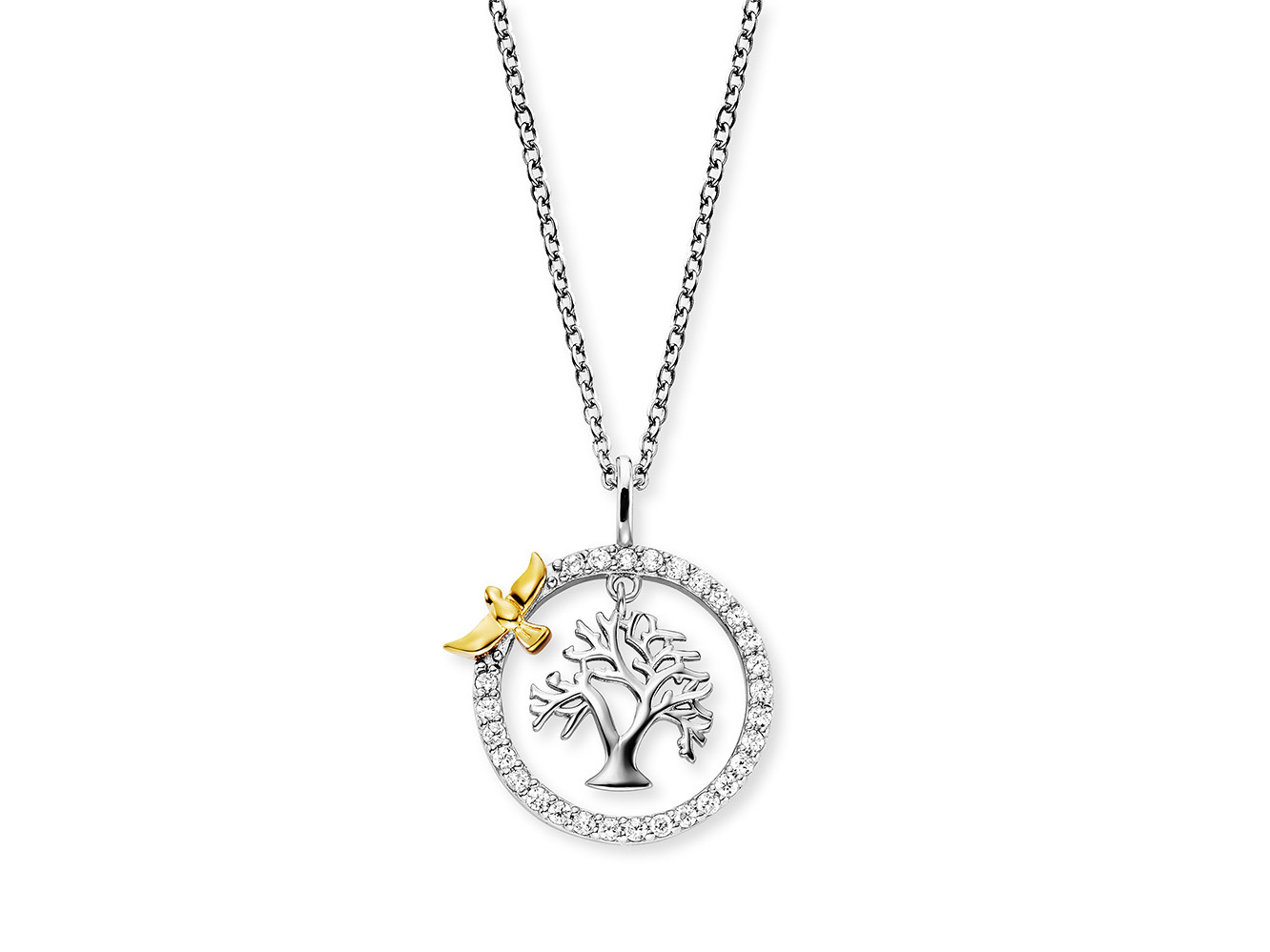 Engelsrufer ERN-LILTREE-ZI-BIG LILTREE Kette Lebensbaum mit Vogel & Zirkonia - Silber rhod. Gold plated 42 cm Kette mit Anhänger in Form eines Lebensbaums, umgeben von Zirkonia, mit einem goldplattierten Vogel. Silber rhodiniert, Länge 42 cm, von Engelsrufer.