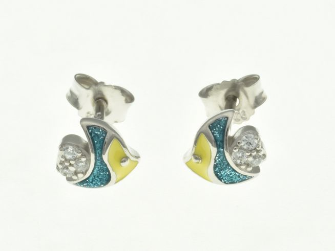 Fisch Ohrstecker aus Sterling Silber rhodiniert mit funkelndem Zirkonia und buntem Lack, ideal für Kinder, Hersteller Juwelier Harnisch.