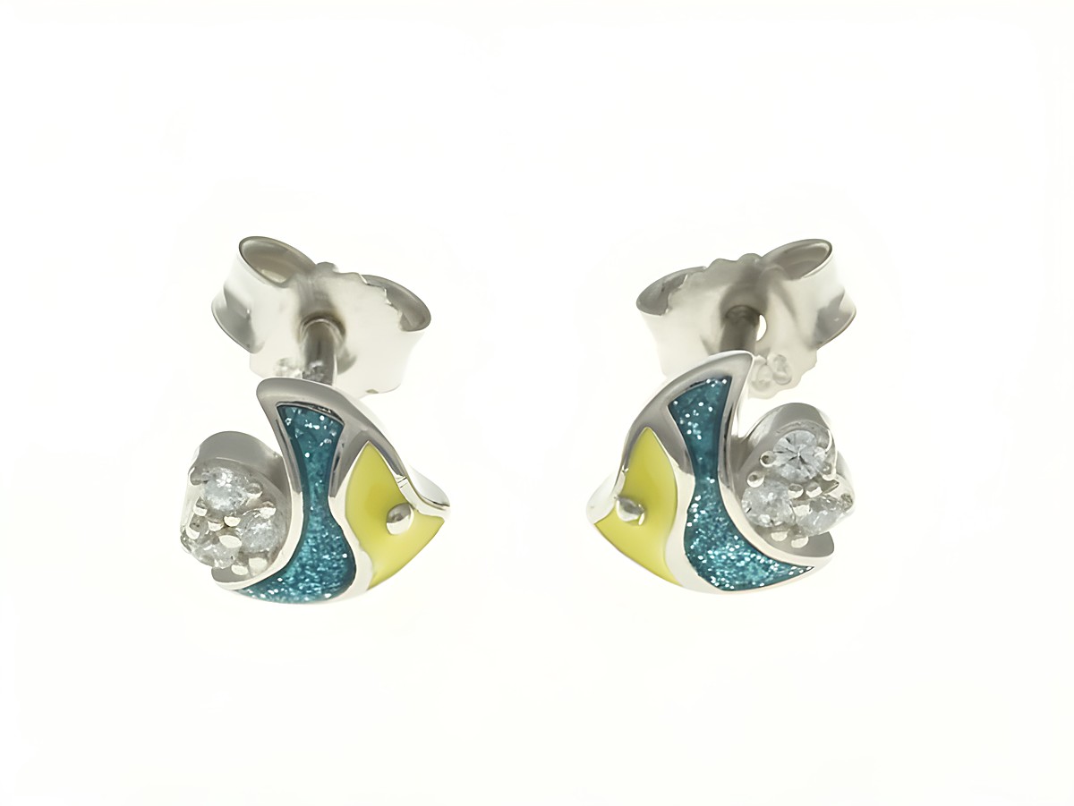Fisch Ohrstecker aus Sterling Silber rhodiniert mit funkelndem Zirkonia und buntem Lack, ideal für Kinder, Hersteller Juwelier Harnisch.