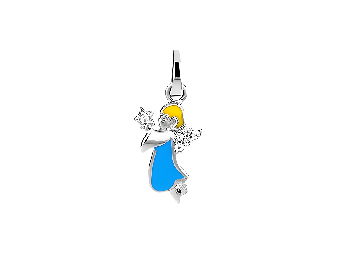 Engel Anhänger aus Silber, rhodiniert, mit buntem Lack in Blau und Gelb sowie weißen Zirkonia-Steinen, hergestellt von Juwelier Harnisch. Ein liebevolles Schmuckstück.
