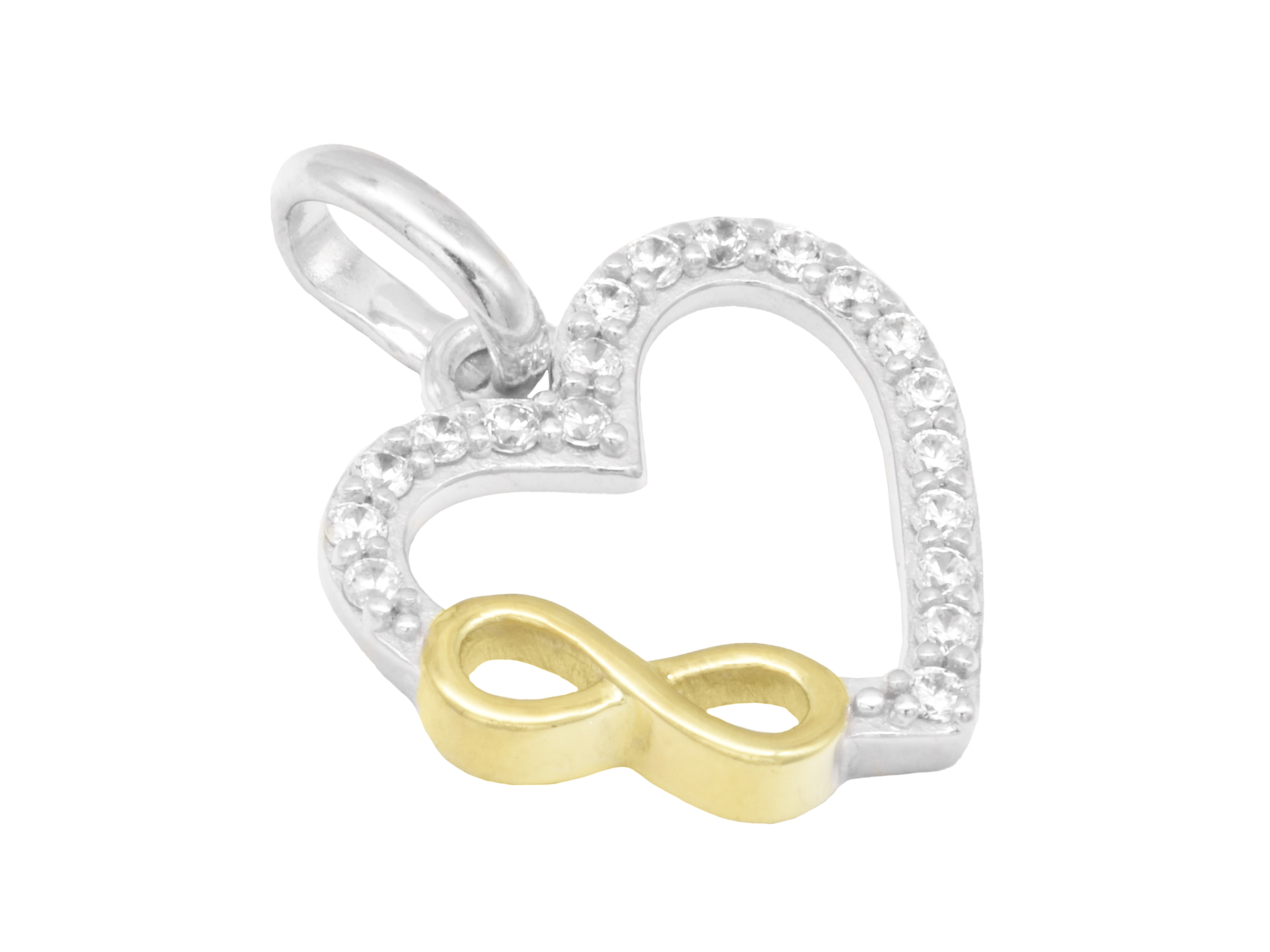 Herz Anhänger in Unendlichkeitform aus Sterling Silber und Gelbgold, rhodiniert und poliert, verziert mit weißen Zirkonia-Steinen, Hersteller Juwelier Harnisch, Perlen & Steine.