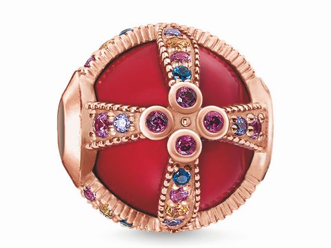 Thomas Sabo Karma Bead in Royalty Rot mit Silber rosé und bunten Steinen, Darstellung eines eleganten Schmuckstücks, das durch seine leuchtenden Farben besticht.