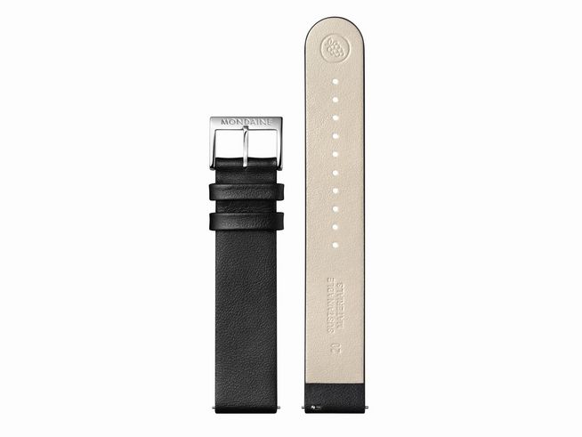 9000454-0 Lederarmband FGM.16220.20Q.K von Mondaine aus veganem Traubenleder in Schwarz, 20 mm breit, mit schmaler Schnalle und farbiger Innenseite. Ideal als Ersatz für Uhrenbänder.
