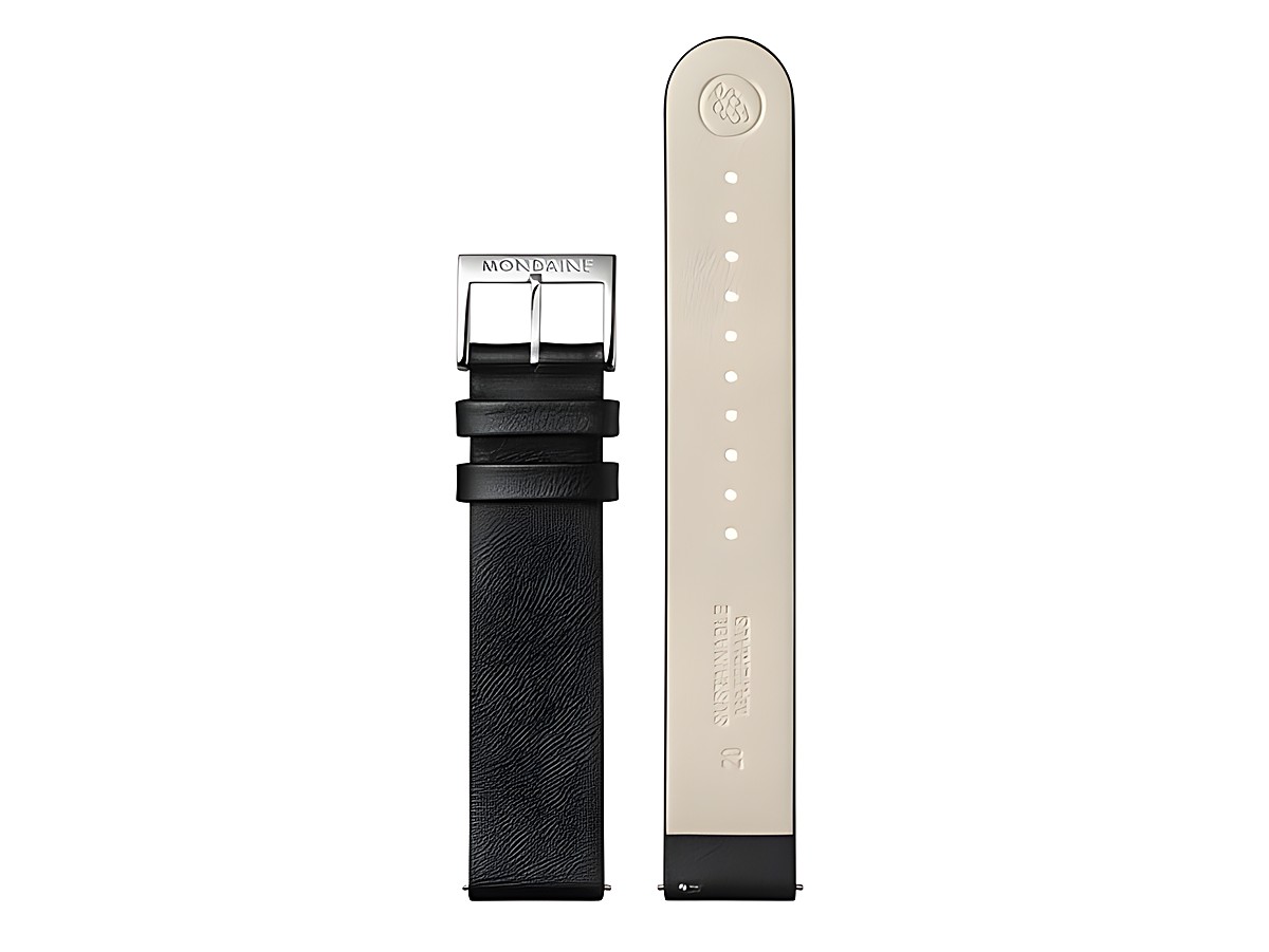 Lederarmband FGM.16220.20Q.K von Mondaine aus veganem Traubenleder in Schwarz, 20 mm breit, mit schmaler Schnalle und farbiger Innenseite. Ideal als Ersatz für Uhrenbänder.