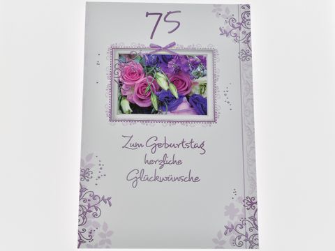 Geburtstagskarte mit floralem Design, präsentiert einen bunten Blumenstrauß aus Rosen und anderen Blumen, versehen mit dem Text "Zum Geburtstag herzliche Glückwünsche" und der Zahl 75.