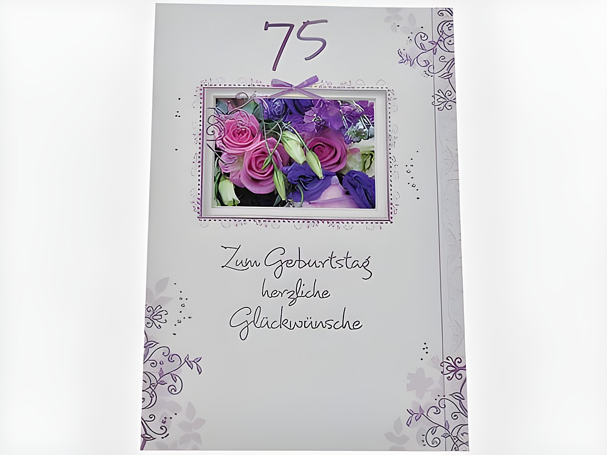 Geburtstagskarte mit floralem Design, präsentiert einen bunten Blumenstrauß aus Rosen und anderen Blumen, versehen mit dem Text "Zum Geburtstag herzliche Glückwünsche" und der Zahl 75.