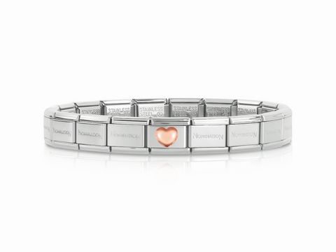 Das Bild zeigt ein Roségold Starterset von Nomination Classic 439047 20 mit einem gewölbten Herzmotiv. Das Armband besteht aus Edelstahlmodulen und einem zentralen herzförmigen Element.