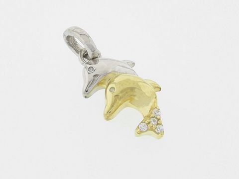 Verspielter delfin silber anhänger aus rhodiniertem metall mit goldener akzentuierung und funkelnden zirkonia steinen, hergestellt von juwelier harnisch, ideal für tierliebhaber.
