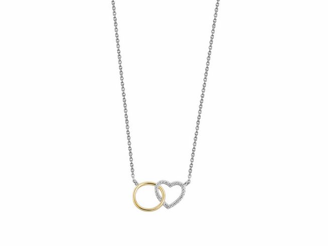 Xenox Sterling Silber Kette XS3611 mit einer Länge von 40-45 cm, featuring eine Karreekette mit einem goldenen Ring und einem herzförmigen Anhänger, der mit Strass verziert ist.