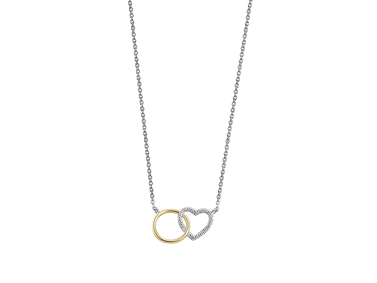 Xenox Sterling Silber Kette XS3611 mit einer Länge von 40-45 cm, featuring eine Karreekette mit einem goldenen Ring und einem herzförmigen Anhänger, der mit Strass verziert ist.