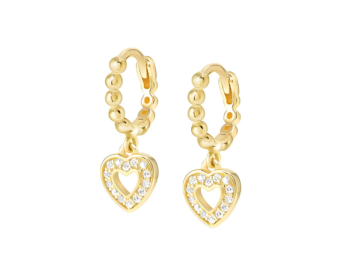 Ohrhänger in Herzform aus Sterling Silber mit Goldauflage und funkelnden Steinen, Herstellermarke Nomination LoveCloud, ideal für elegante Anlässe und täglichen Gebrauch.