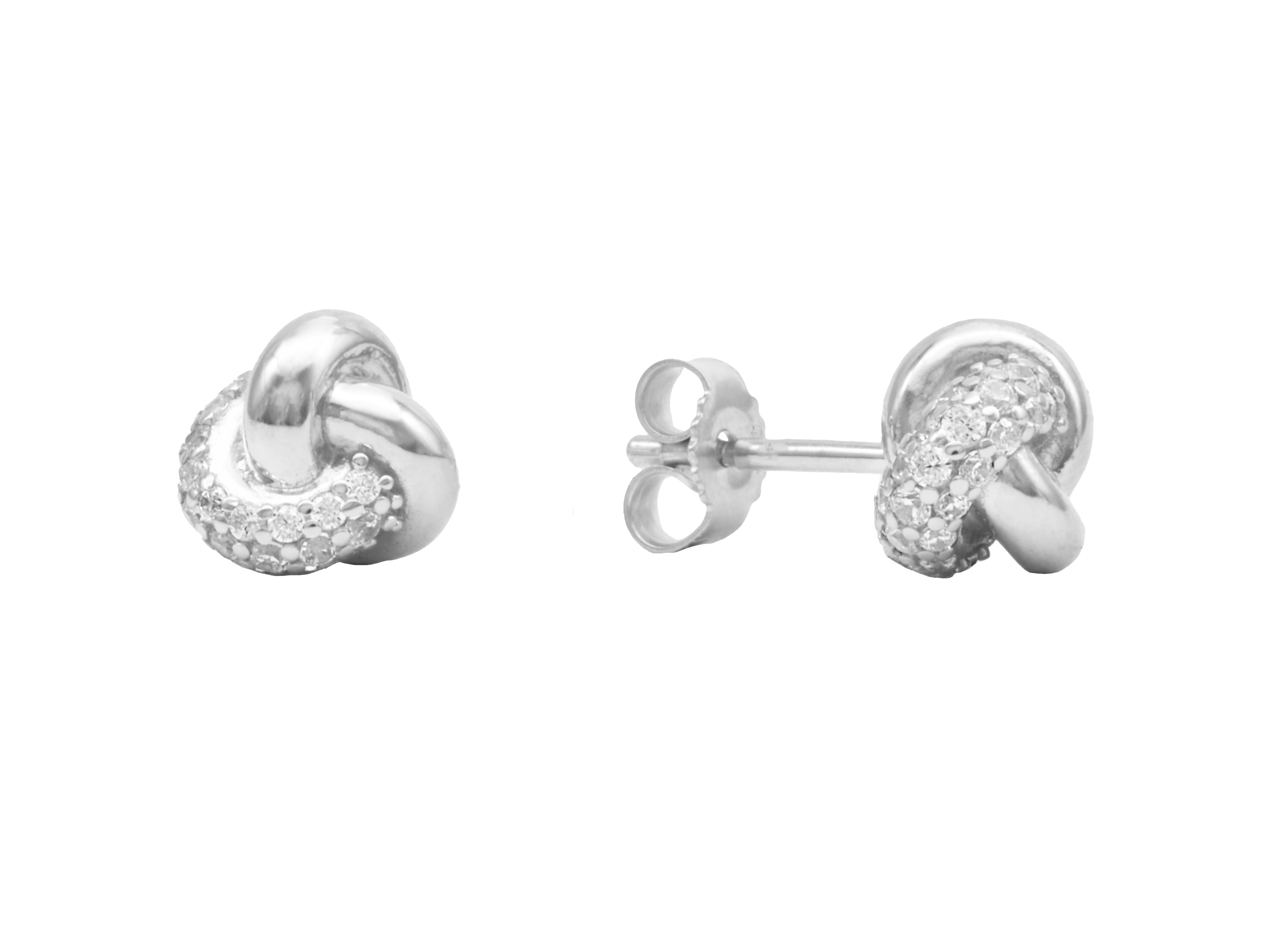 Ohrstecker Glanzknoten aus Sterling Silber 925 rhodiniert und poliert, verziert mit Zirkonia, hergestellt von Juwelier Harnisch. Elegant und funkelnd, ideal für besondere Anlässe.