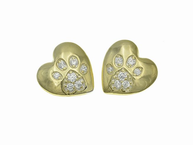 Ohrstecker aus Sterling Silber in Herzform mit Pfote, poliert und vergoldet in Gelbgold, verziert mit Zirkonia, Hersteller: Juwelier Harnisch.