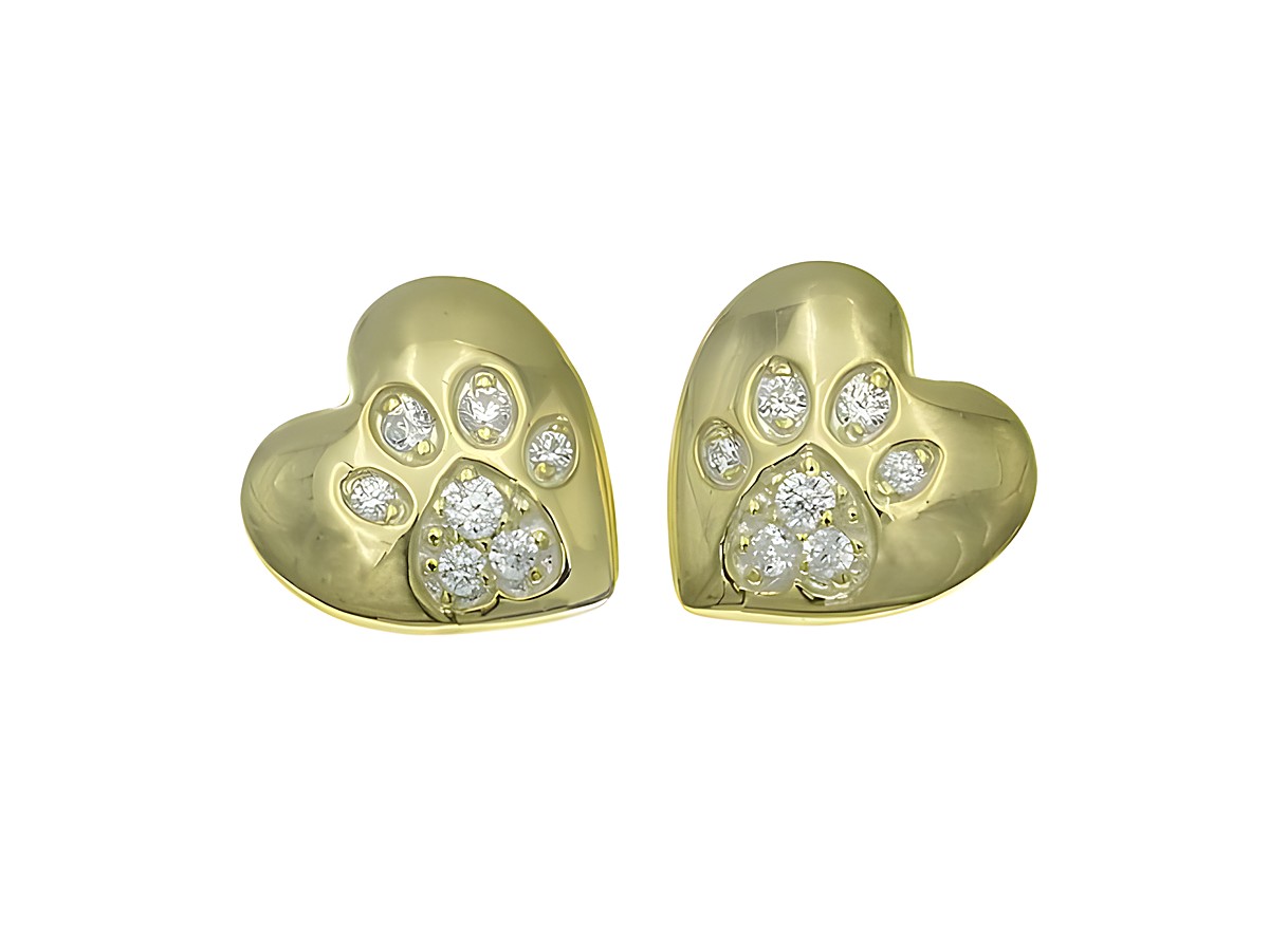 Ohrstecker aus Sterling Silber in Herzform mit Pfote, poliert und vergoldet in Gelbgold, verziert mit Zirkonia, Hersteller: Juwelier Harnisch.