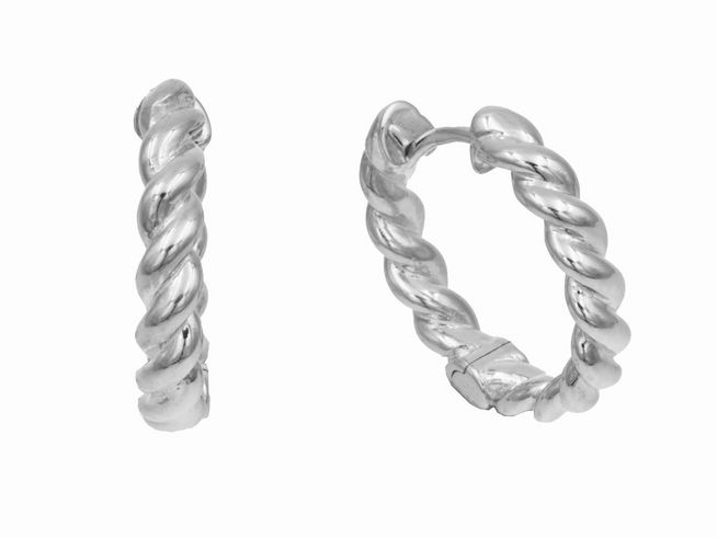 Creolen gedrehte Kordel aus 1,9 cm Sterling Silber, poliert und rhodiniert, von Juwelier Harnisch, Ohrclips mit elegantem, zeitlosem Design. Ideal für jeden Anlass.