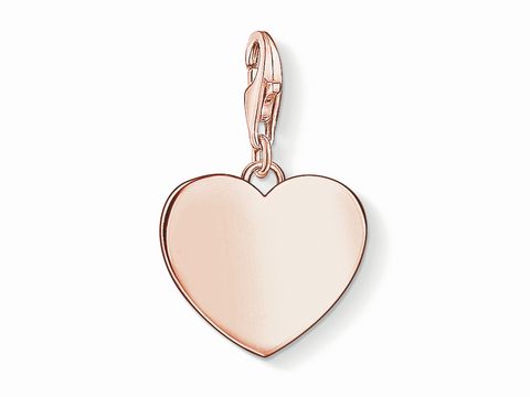 41611039-0 Charm-Anhänger Herz rosé vergoldet von Thomas Sabo 1633-415-40 mit Gravur. Der Anhänger hat eine herzförmige, glänzende Oberfläche und einen praktischen Clipverschluss.