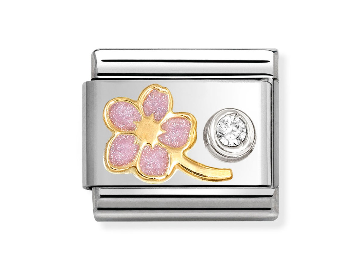 Elegantes Charm mit einem rosa Vergissmeinnicht aus Emaille und einem Zirkonia, umrandet von 585 Gelbgold, in einer robusten Sterling Silberfassung. Perfekt für individuelle Schmuckstücke.
