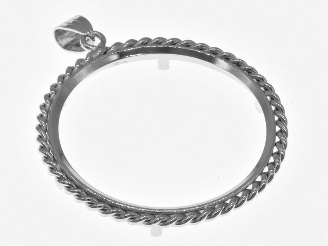 Münzfassung Anhänger aus rhodiniertem 925 Sterling Silber mit Kordel-Design, geeignet für Münzen bis 36,2 mm Durchmesser und maximal 4,0 cm. Ergänzt jedes Schmuckstück elegant.