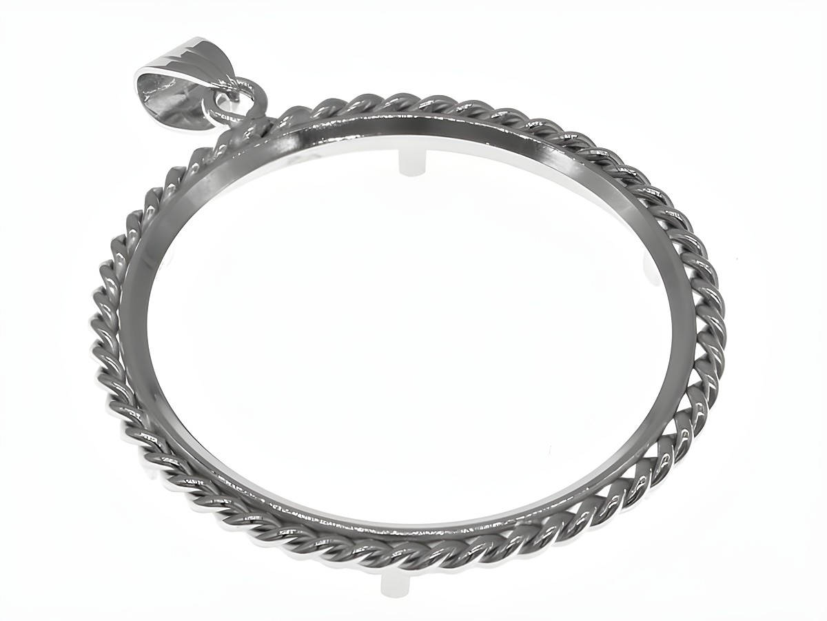 Münzfassung Anhänger aus rhodiniertem 925 Sterling Silber mit Kordel-Design, geeignet für Münzen bis 36,2 mm Durchmesser und maximal 4,0 cm. Ergänzt jedes Schmuckstück elegant.