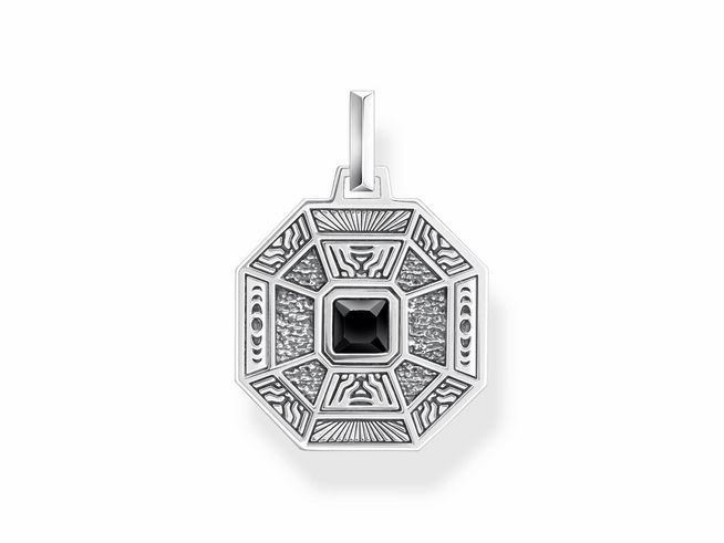 Thomas Sabo PE950-507-11 Anhänger aus Silber mit schwarzem Achat im Oktagon-Design, verziert mit filigranen Mustern und einem zentralen schwarzen Stein.