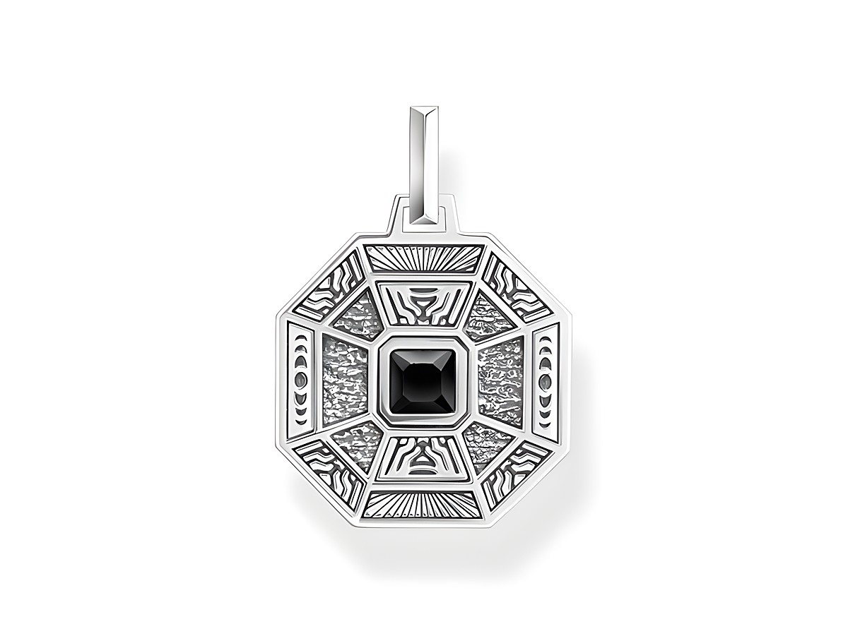 Thomas Sabo PE950-507-11 Anhänger aus Silber mit schwarzem Achat im Oktagon-Design, verziert mit filigranen Mustern und einem zentralen schwarzen Stein.