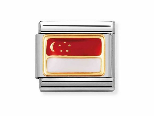 Edelstahl Charm mit dem Flaggenmotivs von Singapur, bestehend aus einem roten und weißen Feld mit Sternen, geeignet für das NOMINATION Classic Armband.