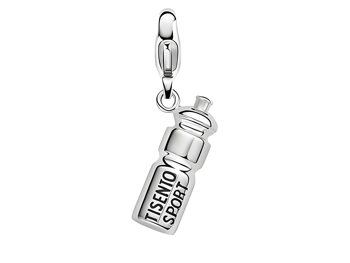 Silberner Charm in Form einer Sportflasche von Ti Sento mit der Aufschrift Ti Sento Sport, geeignet zum Anbringen an Armbändern oder Ketten, ideal für Sportliebhaber.