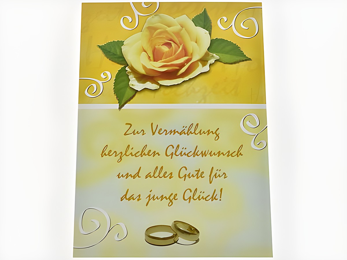 Hochzeitskarte mit gelber Rose und buntem Hintergrund. Text zur Vermählung mit Glückwünschen und zwei Eheringen am unteren Rand. Hersteller Juwelier Harnisch.