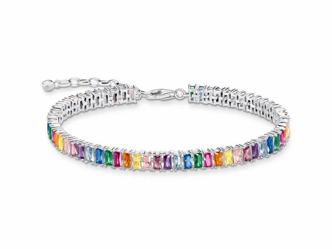 Silbernes Armband von Thomas Sabo mit bunten, synthetischen Korund-, Spinell- und Zirkonia-Steinen, in 16 bis 19 cm verstellbar, elegantes Design und stilvolle Verzierung.