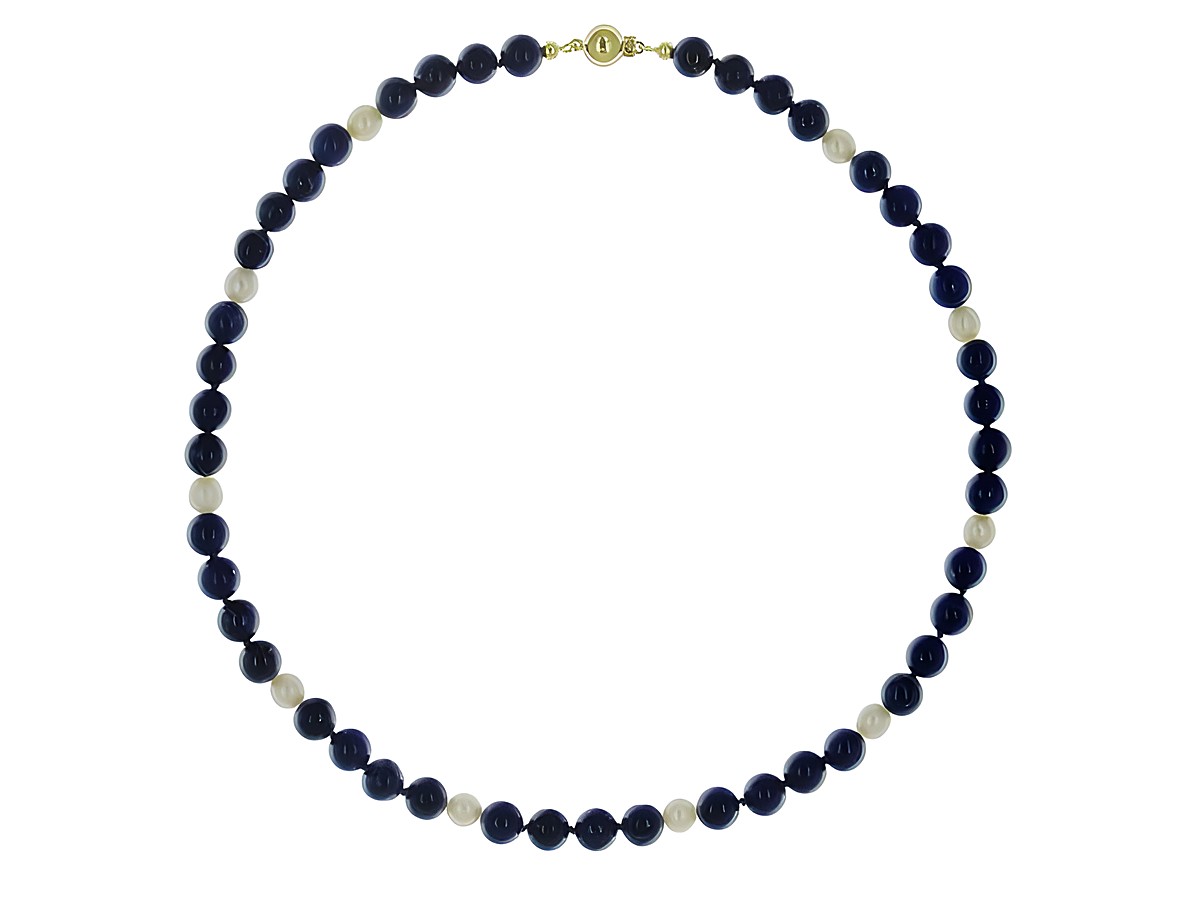 Steinkette aus Lapislazuli und Süßwasser-Zuchtperlen mit blauen und weißen Perlen, 44 cm lang, Goldverschluss 585, Hersteller Juwelier Harnisch. – Ansicht 2