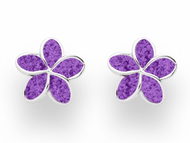 DUR Ohrringe in Form von lila Plumeria Blüten aus rhodiniertem Sterling Silber, elegant und farbenfroh, ideal für den täglichen Gebrauch oder besondere Anlässe.