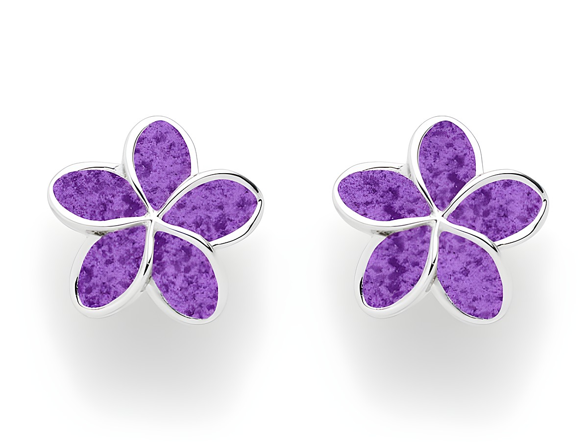 DUR Ohrringe in Form von lila Plumeria Blüten aus rhodiniertem Sterling Silber, elegant und farbenfroh, ideal für den täglichen Gebrauch oder besondere Anlässe.