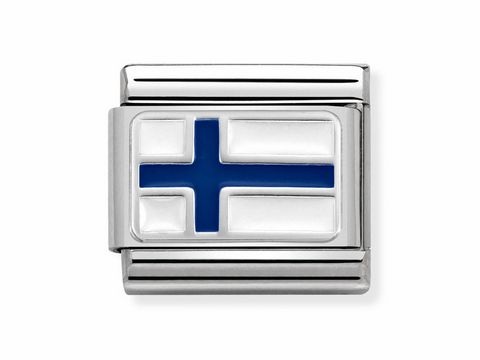 Komposition einer charmanten Metallflagge von Finnland, gestaltet mit blauen und weißen Farben, perfekt für das Nomination Armband, elegant und modern.