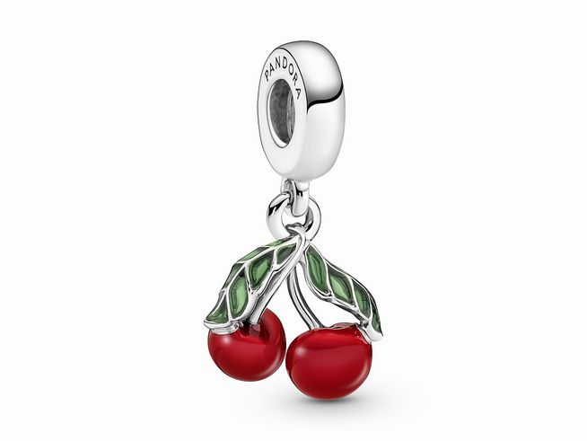 Asymmetrischer Charm-Anhänger von Pandora mit zwei roten Kirschen und grünen Blättern, aus Sterling Silber und Multicolor Emaille, ideal für Schmuckliebhaber.