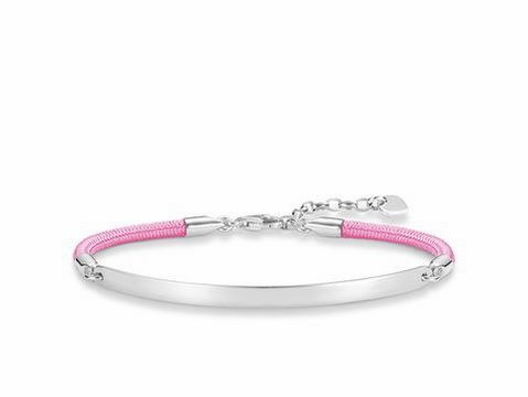 Silbernes Love Bridge Armband von Thomas Sabo mit pinkem Nylon, verstellbar von 16,5 bis 19,5 cm, elegantes Design mit einem schlichten, modernen Look.