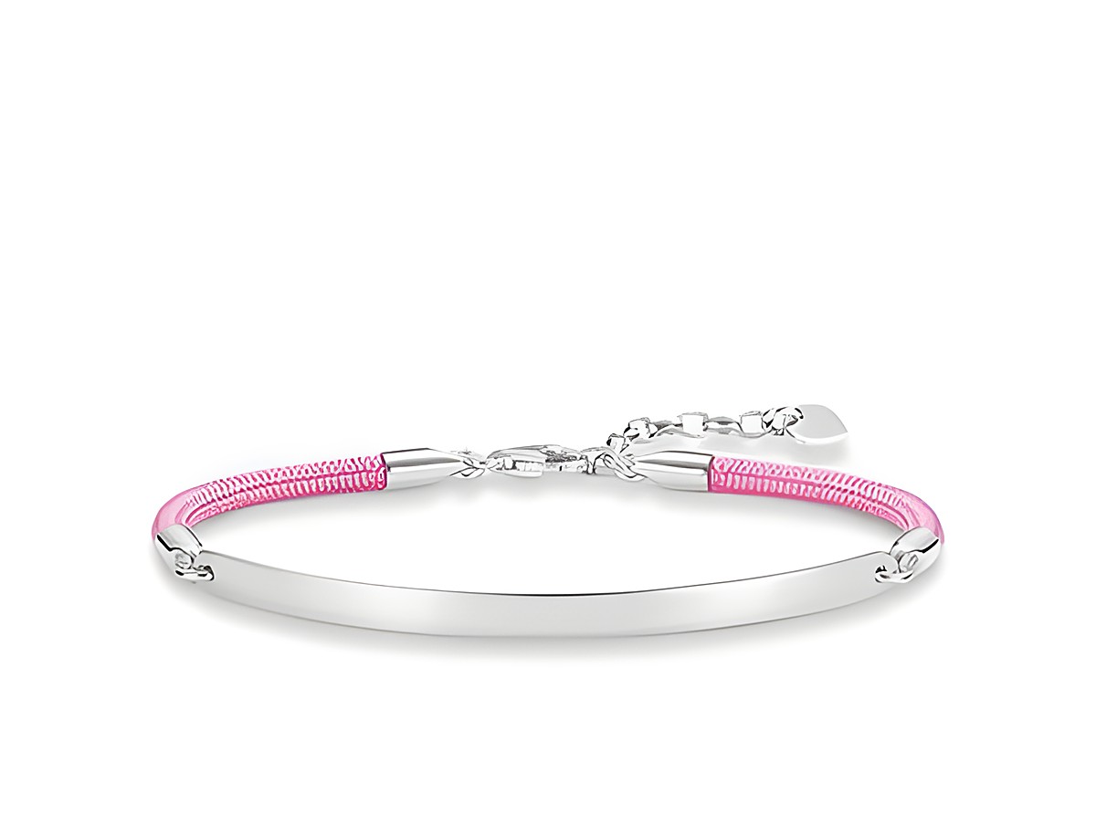 Silbernes Love Bridge Armband von Thomas Sabo mit pinkem Nylon, verstellbar von 16,5 bis 19,5 cm, elegantes Design mit einem schlichten, modernen Look.
