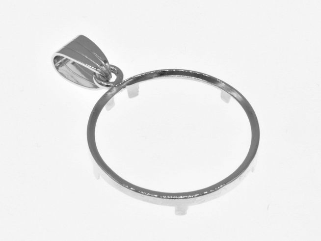 Münzfassung Anhänger aus rhodiniertem 925 Sterling Silber für Münzen bis 2,5 cm Durchmesser, schlichtes Design, Hersteller Juwelier Harnisch, Durchmesser 23 mm.