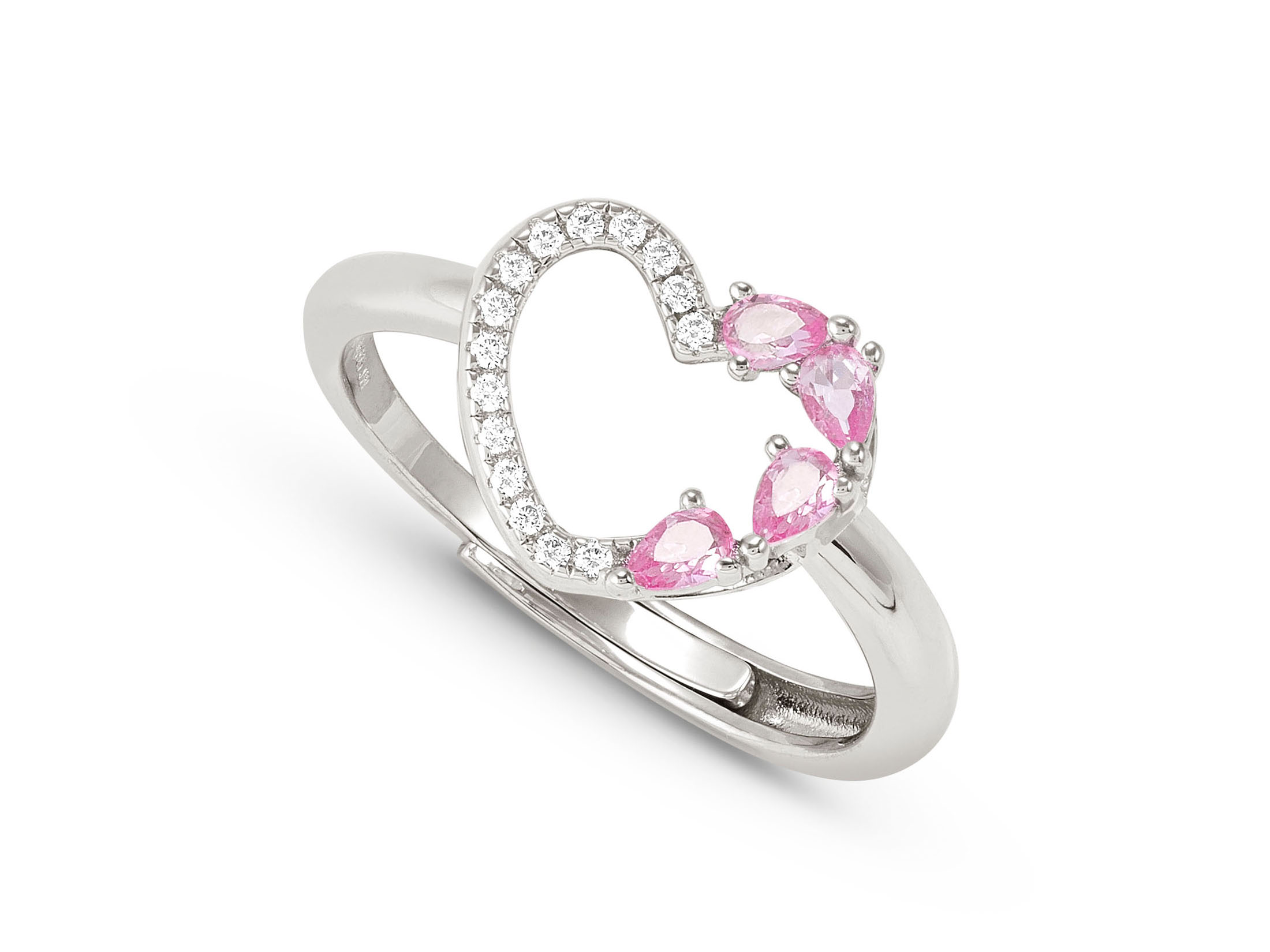 Ein filigraner Ring aus Sterling Silber mit einem herzförmigen Design, besetzt mit weißen Zirkonia und pinken Steinen, verstellbar von Größe 51 bis 59.
