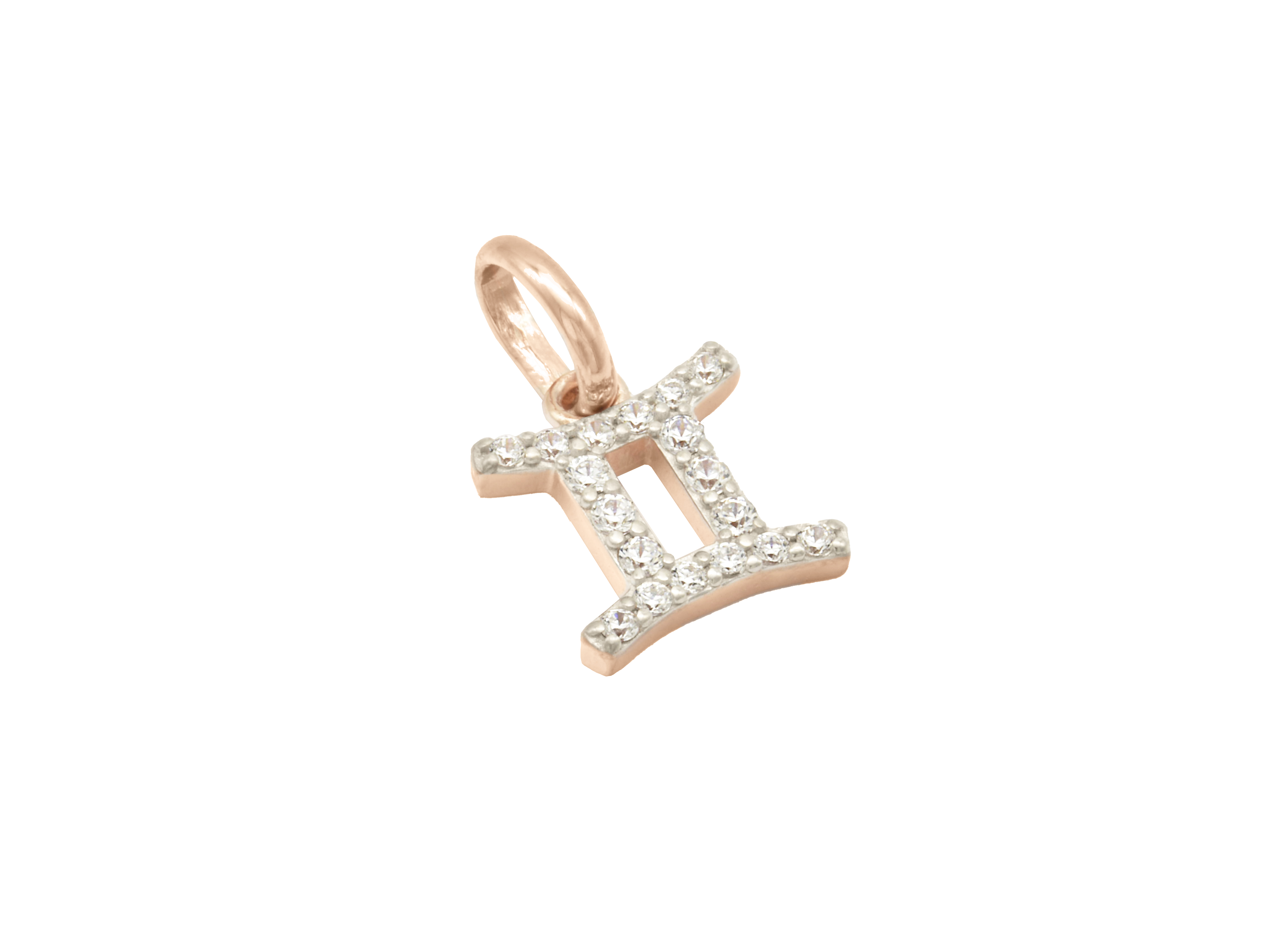Anhänger mit dem Sternzeichen Zwillinge aus vergoldetem Sterling Silber 925 in Roségold, verziert mit Zirkonia, gefertigt vom Juwelier Harnisch.