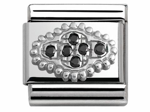 433031602-0 Zweifarbiger Edelstahl Charm mit schwarzer Blume aus Zirkonia und silbernen Akzenten, Hersteller Nomination SilverShine, Modell 330316 02 Classic Pave.