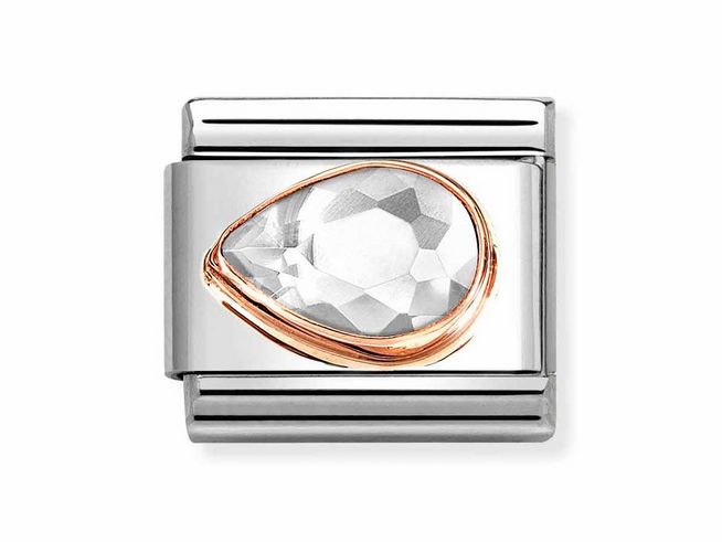 Edelstahl Charm von Nomination mit einem tropfenförmigen Zirkonia in Weiß, eingefasst in roségold. Stilvolles Design für individuelle Armbänder.