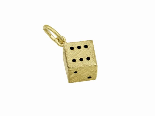 Würfel Anhänger aus Gold 585 mit matierter Oberfläche, Hersteller Juwelier Harnisch, stilvolles Design mit kleinen schwarzen Punkten als Augen. Ideal für Glücksbringer.