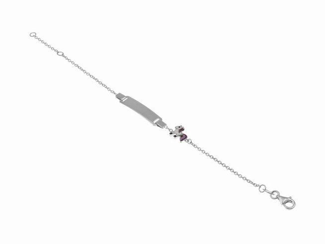 Gravurarmband aus rhodiniertem Sterling Silber mit Einhornmotiv, gravierbar, für Kinder in den Längen 14 cm und 16 cm, Hersteller Juwelier Harnisch.