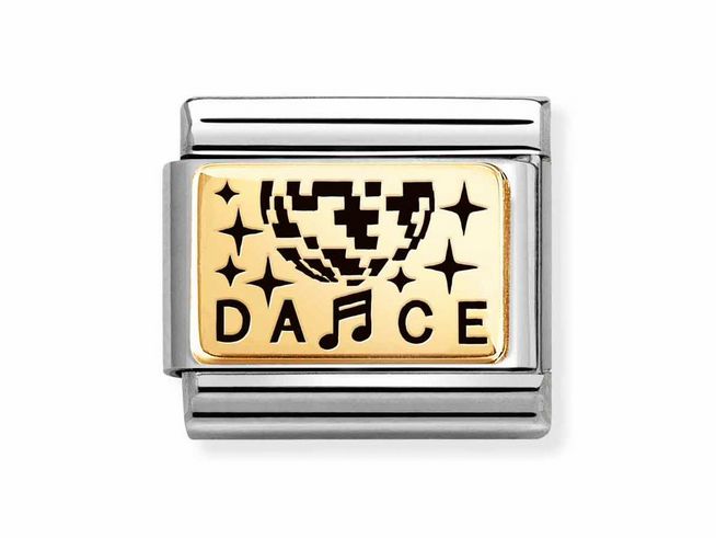 Ein emaillierter Charm mit einer goldenen Discokugel, dem Wort "DANCE" und Musiknoten, passend für das Nomination Classic Gold 030166.