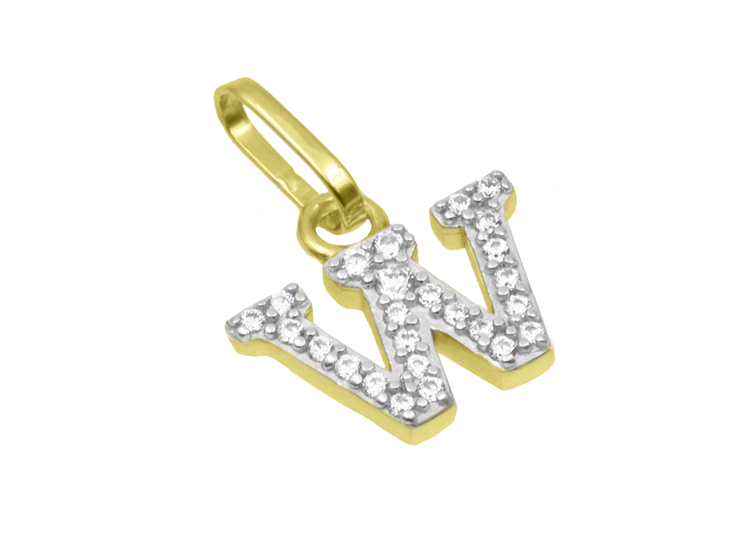 Buchstaben Anhänger - Buchstabe W - Sterling Silber Gelbgold Vergoldung - Zirkonia Buchstabenanhänger W aus Sterling Silber mit Gelbgold Vergoldung und Zirkonia, hergestellt von Juwelier Harnisch, elegant und funkelnd, ideal als persönliches Geschenk oder Schmuckstück.