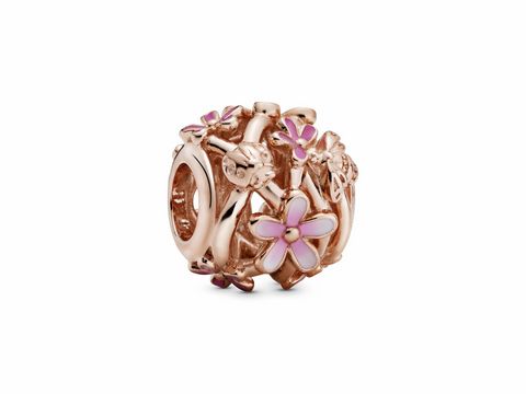 Charm von Pandora ROSE mit Blümchenmotiv in zartem Roségold und rosa Emaille-Applikationen, ideal für individuelle Schmuckkreationen. Modellnummer ist 788772C01.