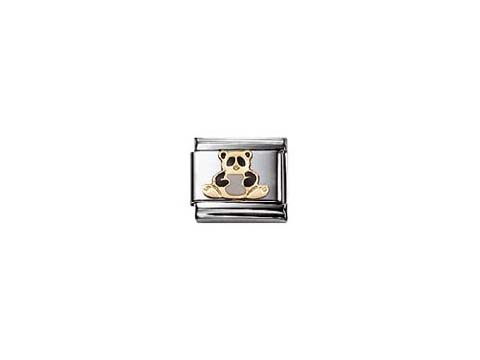 Ein emaillierter Charm mit einem niedlichen Panda, der auf einem silbernen Hintergrund sitzt. Das Design ist farbenfroh und verspielt, ideal für Tierliebhaber.