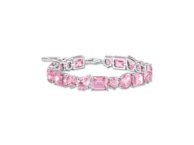 Silbernes Armband aus der Heritage Glam Tennis Kollektion von Thomas Sabo, verziert mit rosa und pinken Zirkonia-Steinen, größenverstellbar von 16 bis 19 cm.